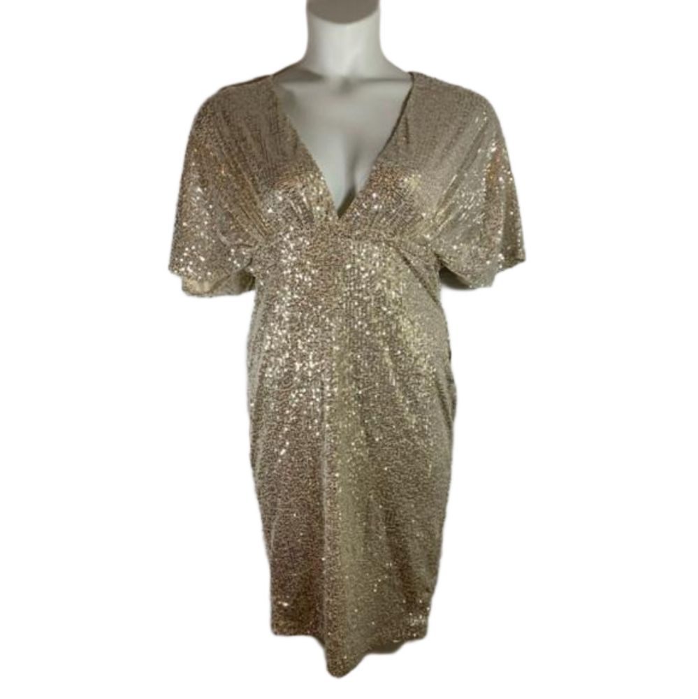 VENUS Champagne Gold Sequined V Neckline Dolman Sleeve Knee length Dress Size L